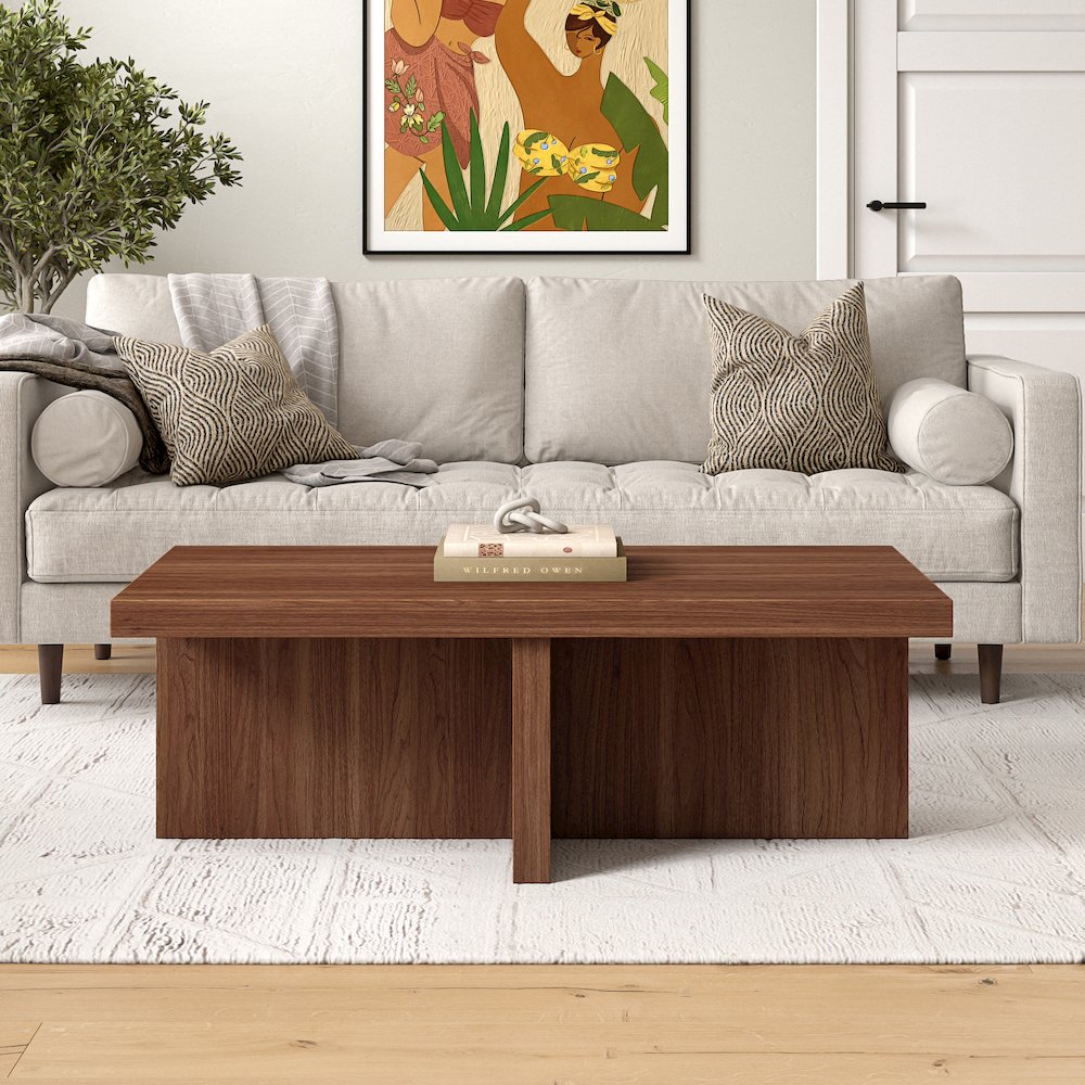 Elna 44" Wide Rectangular Coffee Table in Satin Walnut. Picture 4