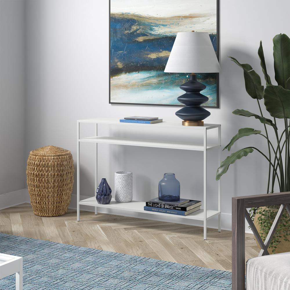Ricardo 42'' Wide Rectangular Console Table with Metal Shelves in Matte White. Picture 4