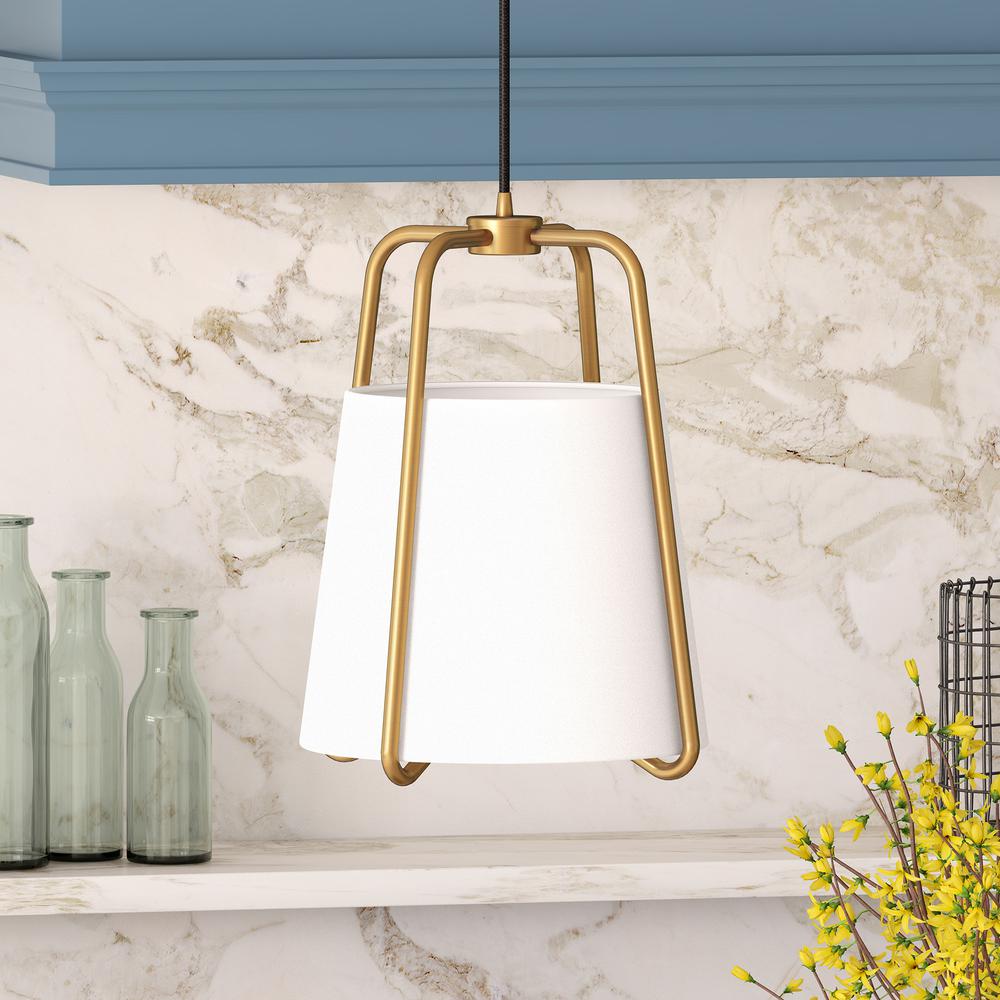 Marduk 11" Wide Pendant with Fabric Shade in Brass/White. Picture 2