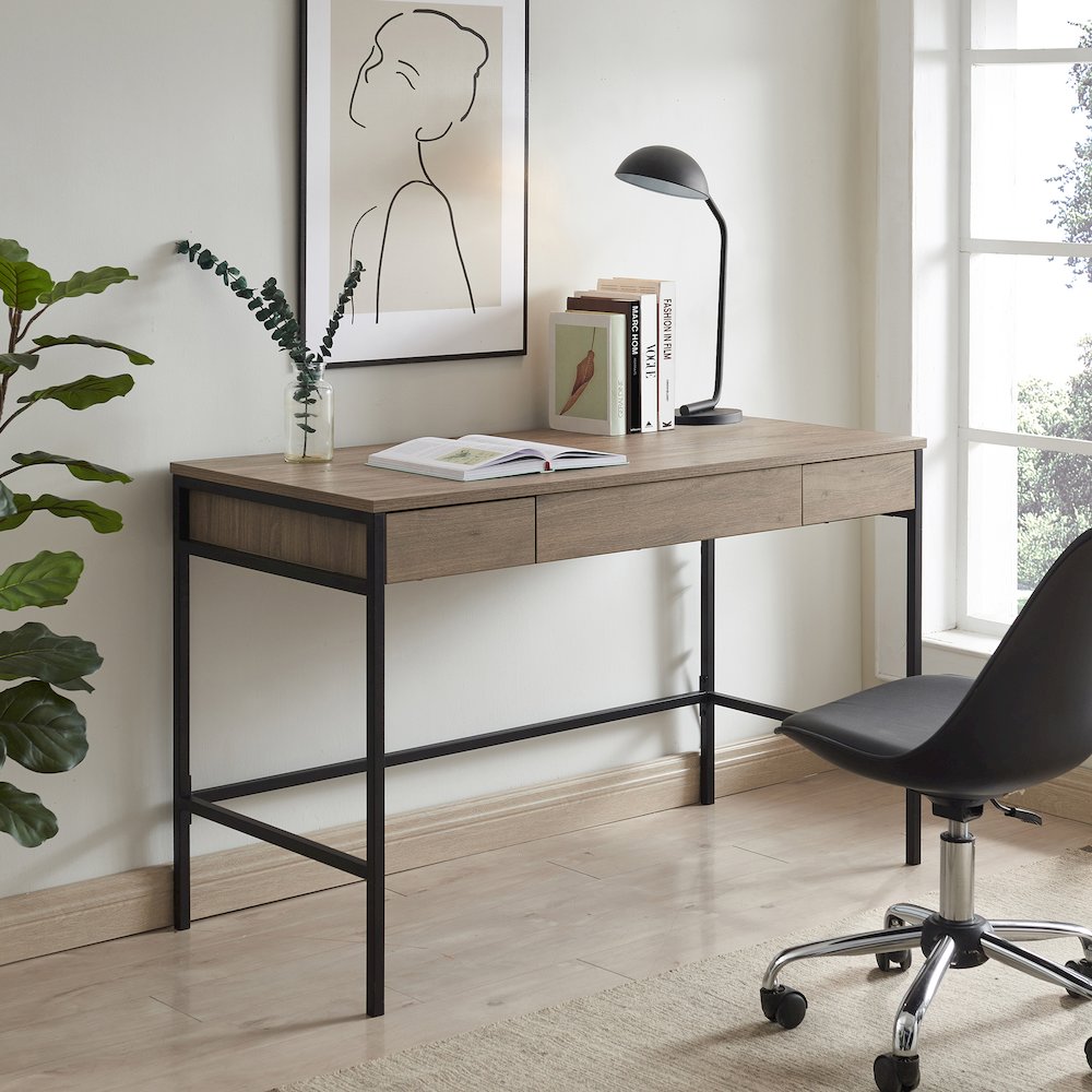 48" Computer Desk Writing Table with 3 Storage Drawers, Weathered Gray. Picture 2