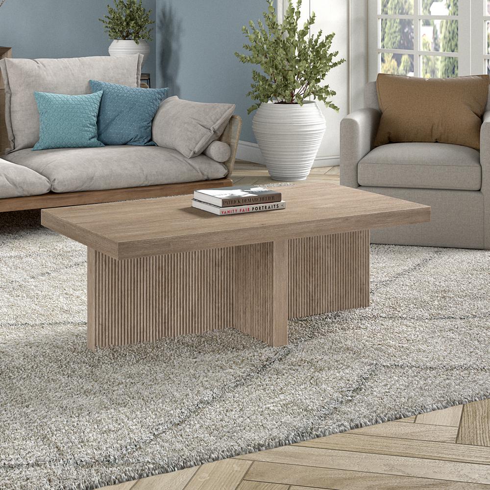 Holm 44" Wide Rectangular Coffee Table in Antiqued Gray Oak. Picture 3