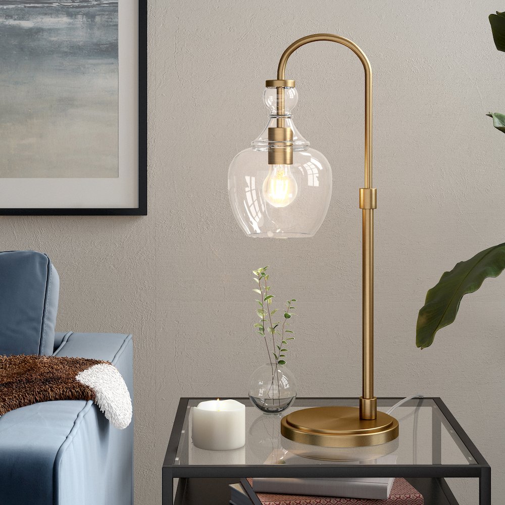 27" Mid-Century 1-Light Table Lamp with Clear Glass Dome Shade, Brushed Gold. Picture 5