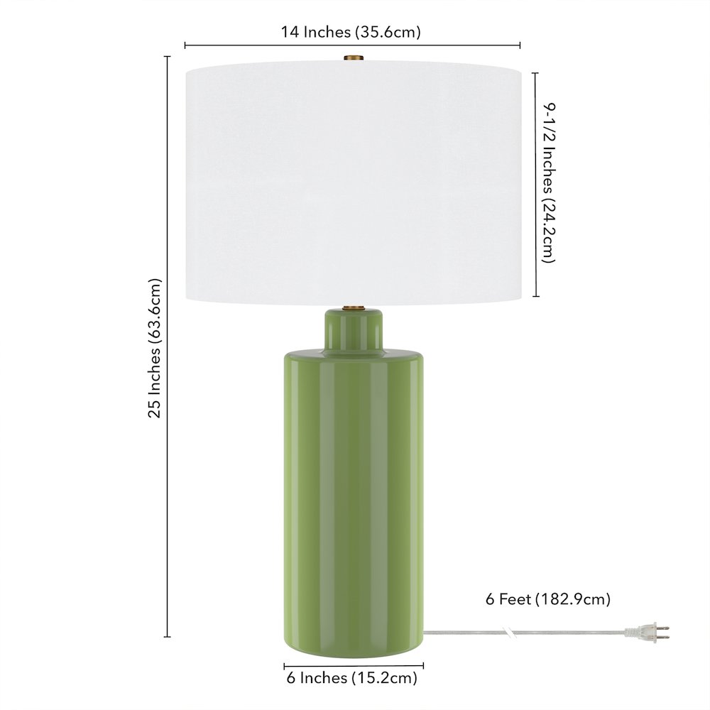 Selina 25" Tall Ceramic Table Lamp with Fabric Shade in Tarragon Green/White. Picture 5
