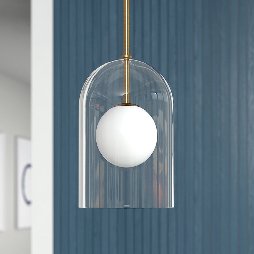 Sondre 8" Wide Double Layer Pendant with Glass Shade in Brass/White Milk/Clear. Picture 3