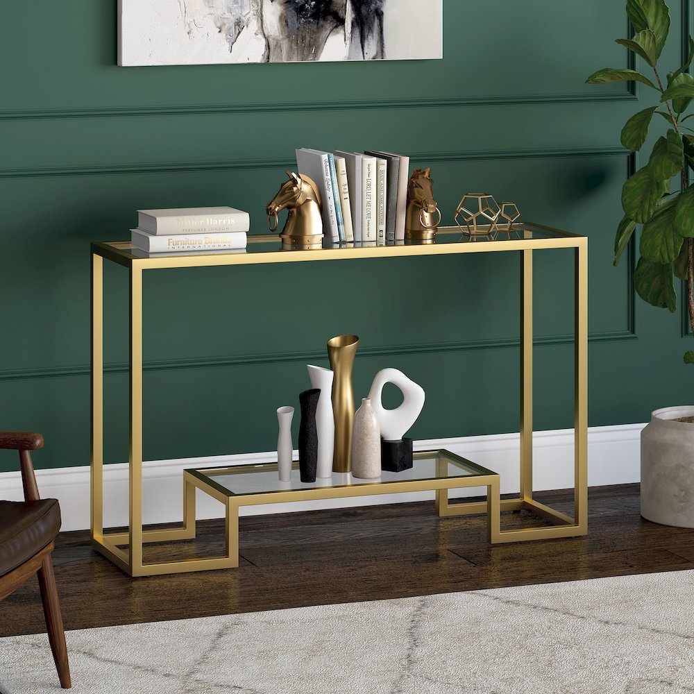 47'' Glass Rectangular Console Table Entryway, Sofa Table with Glass Shelf, Gold. Picture 2