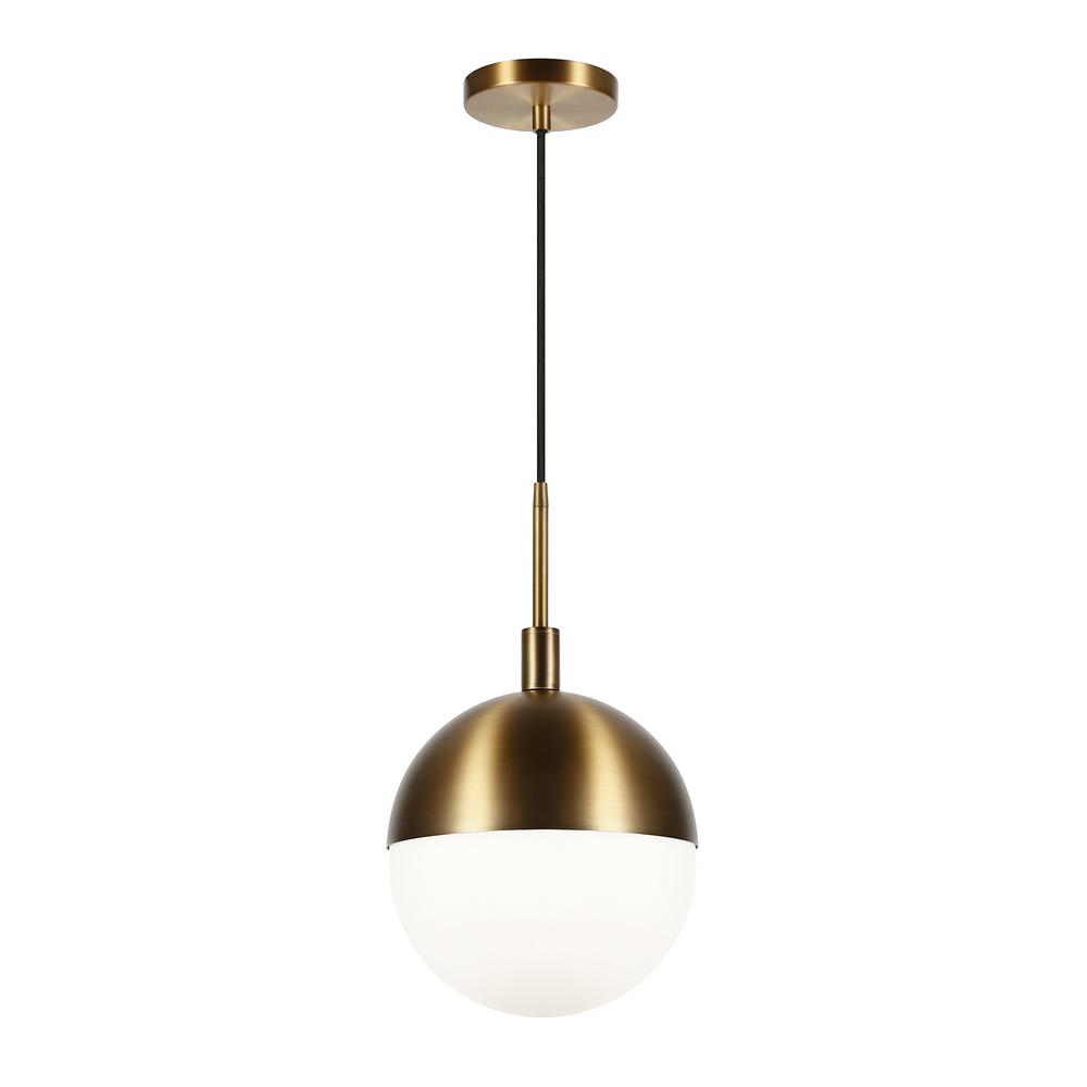 Orb 10" Wide Large Pendant with Glass Shade in Brass/White Milk. Picture 1