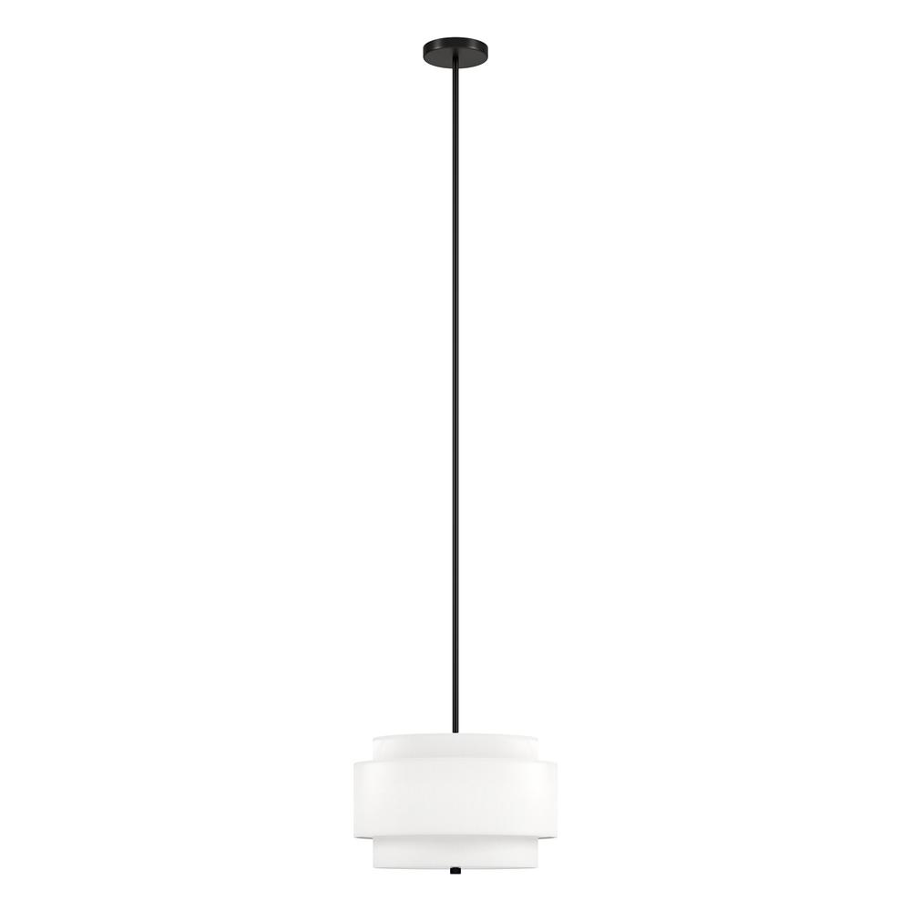 16" Wide 2-Light Pendant with Tiered Fabric Shade in Blackened Bronze/White. Picture 1
