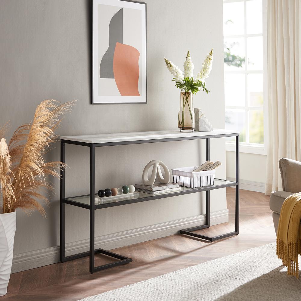 Errol 55'' Wide Rectangular Console Table with Faux Marble Top in Blackened Bronze. Picture 2