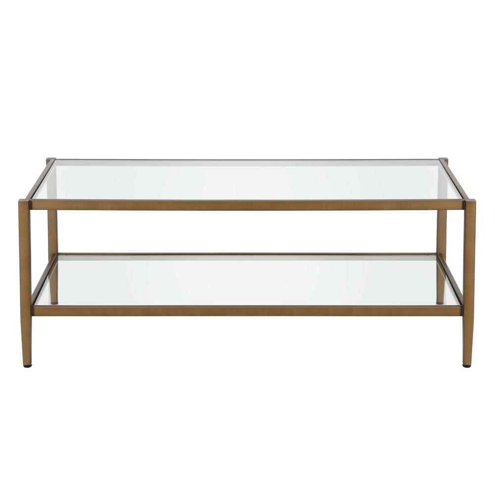 Hera 45'' Wide Rectangular Coffee Table with Glass Shelf in Antique Brass. Picture 3