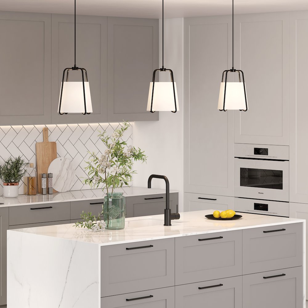 11" Mid-Century Pendant Light Fixture with White Fabric Shade and 8' Cord, Black. Picture 6