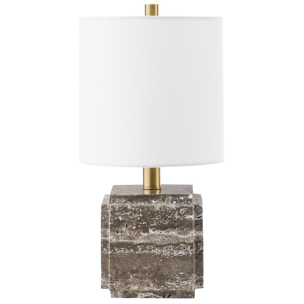 Pacha 16" Tall Stone Table Lamp with Fabric Shade in Gray Veined Travertine. Picture 1