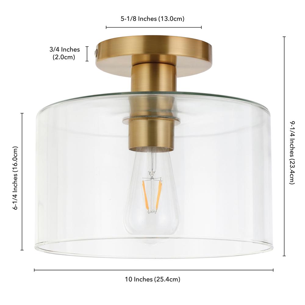 Henri 10" Wide Semi Flush Mount with Glass Shade in Brass/Clear. Picture 4