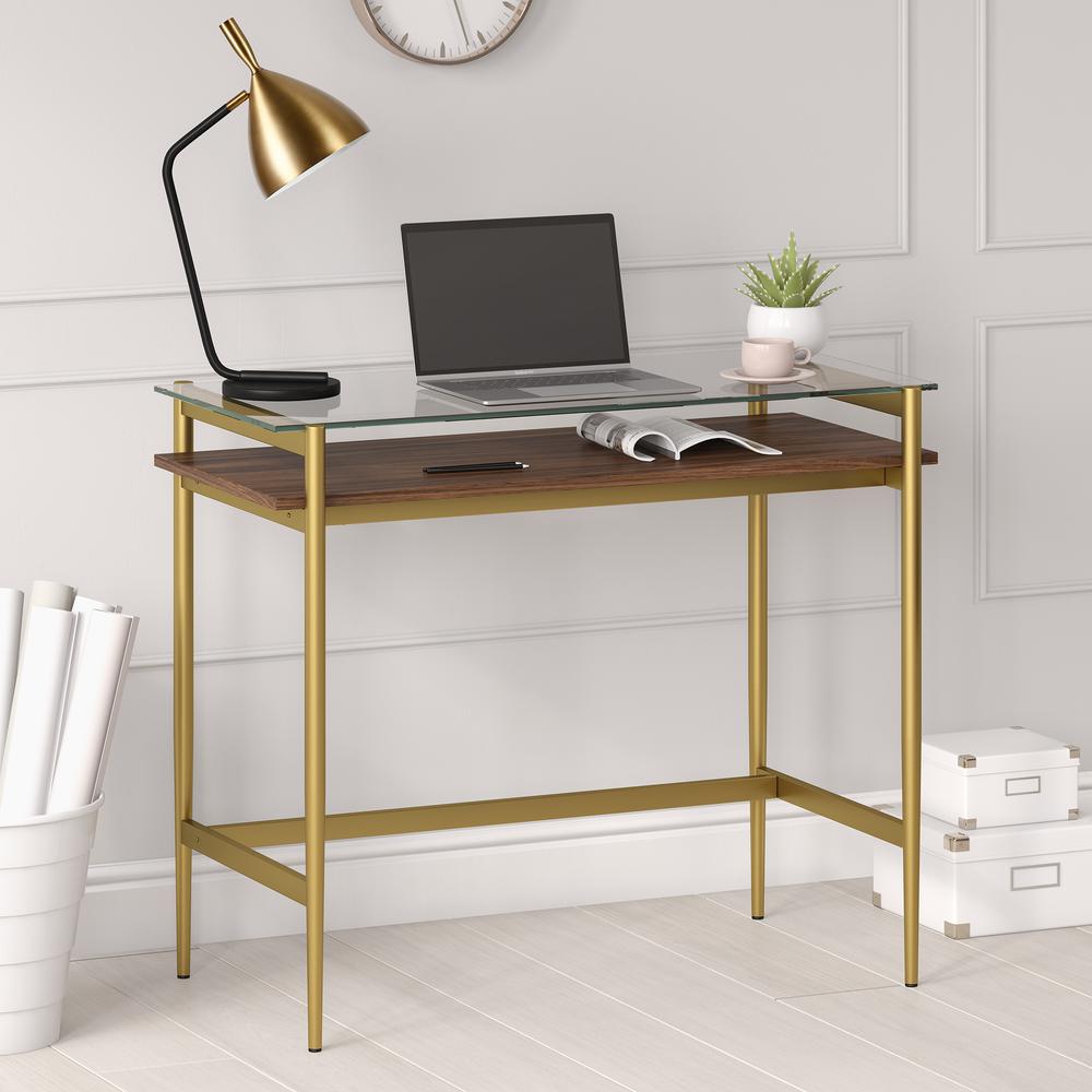 Eaton 36'' Wide Rectangular Desk in Brass/Walnut. Picture 2