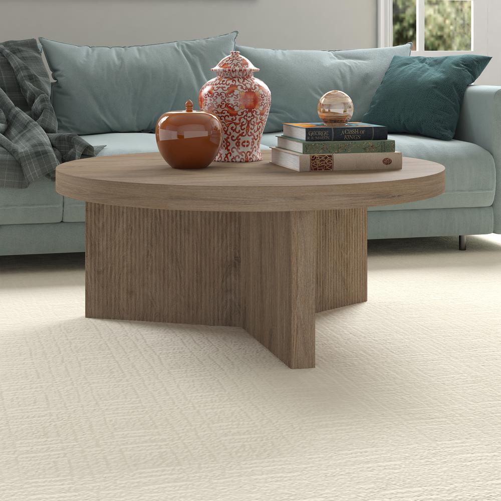 Holm 36" Wide Round Coffee Table in Antiqued Gray Oak. Picture 4
