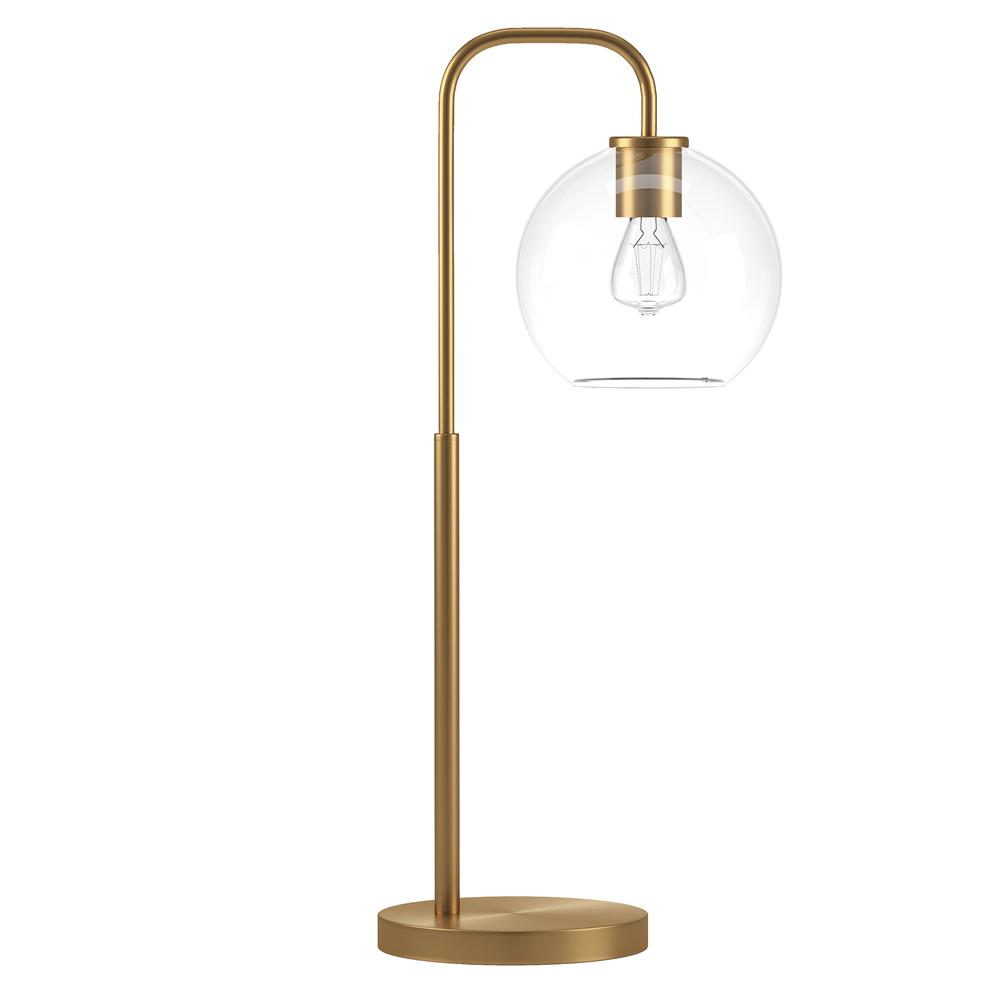 Harrison 27" Tall Arc Table Lamp with Glass Shade in Brass/Clear. Picture 1