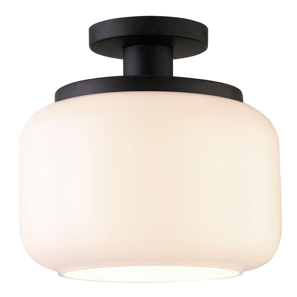 Tatum 11" Wide Semi Flush Mount with Glass Shade in Blackened Bronze/White. Picture 3