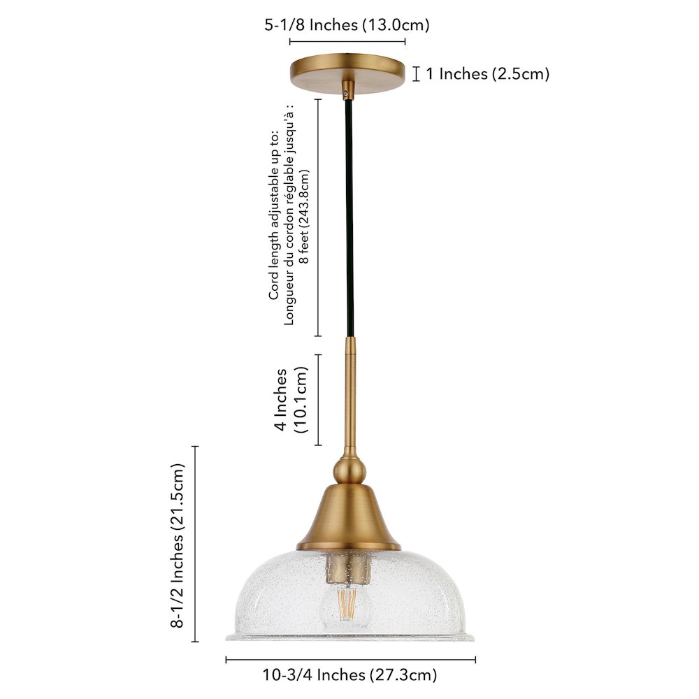 10" Modern Pendant Light Fixture with Seeded Glass Shade and 8' Cord, Gold. Picture 8