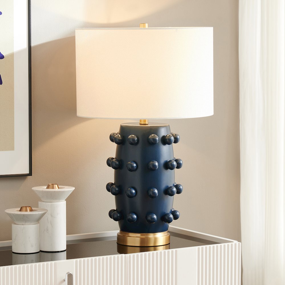 Farrington 26" Tall Ceramic Table Lamp with Fabric Shade in Matte Navy/White. Picture 4