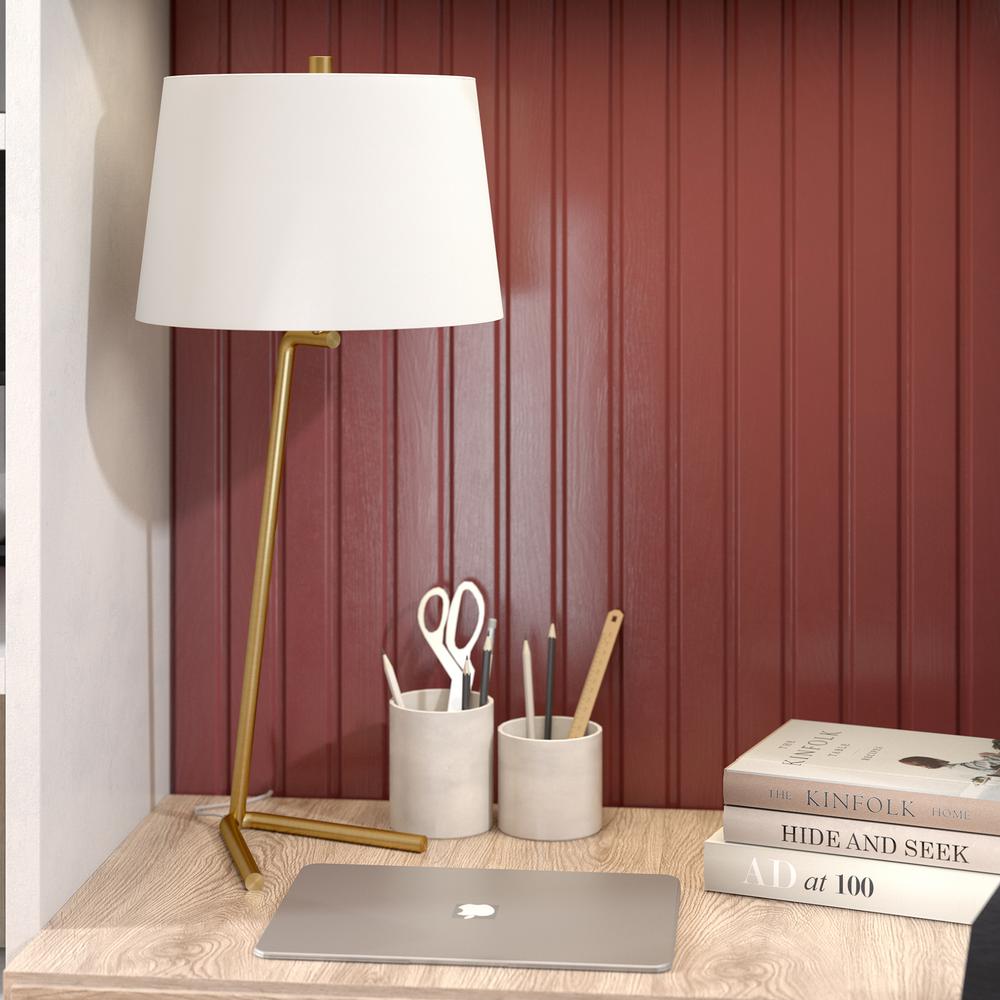 Markos 28.5" Tall Tilted Table Lamp with Fabric Shade in Brushed Brass/White. Picture 2