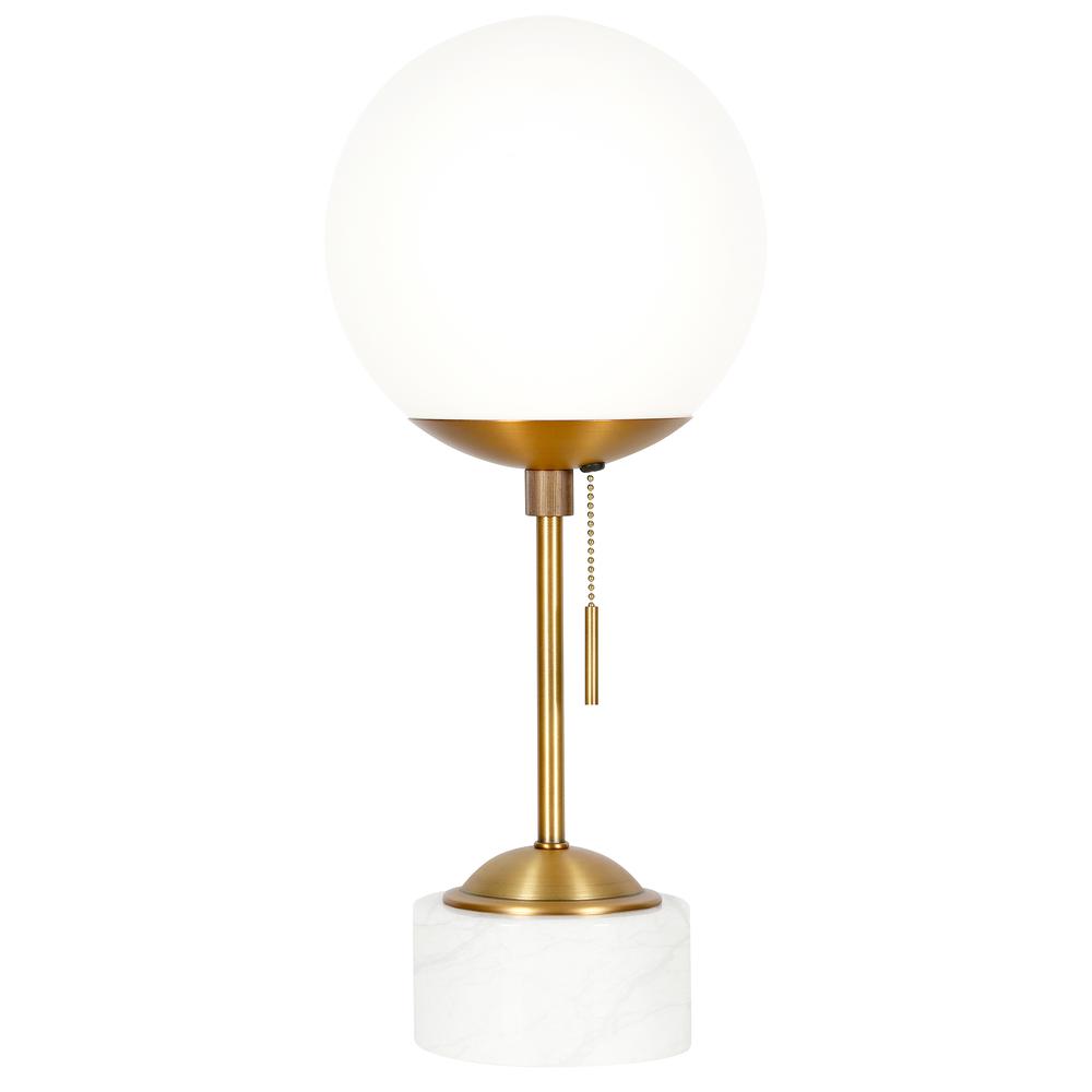 Reagan 17.75" Tall Table Lamp with Glass Shade in Brass/ White Marble/White Milk. Picture 1