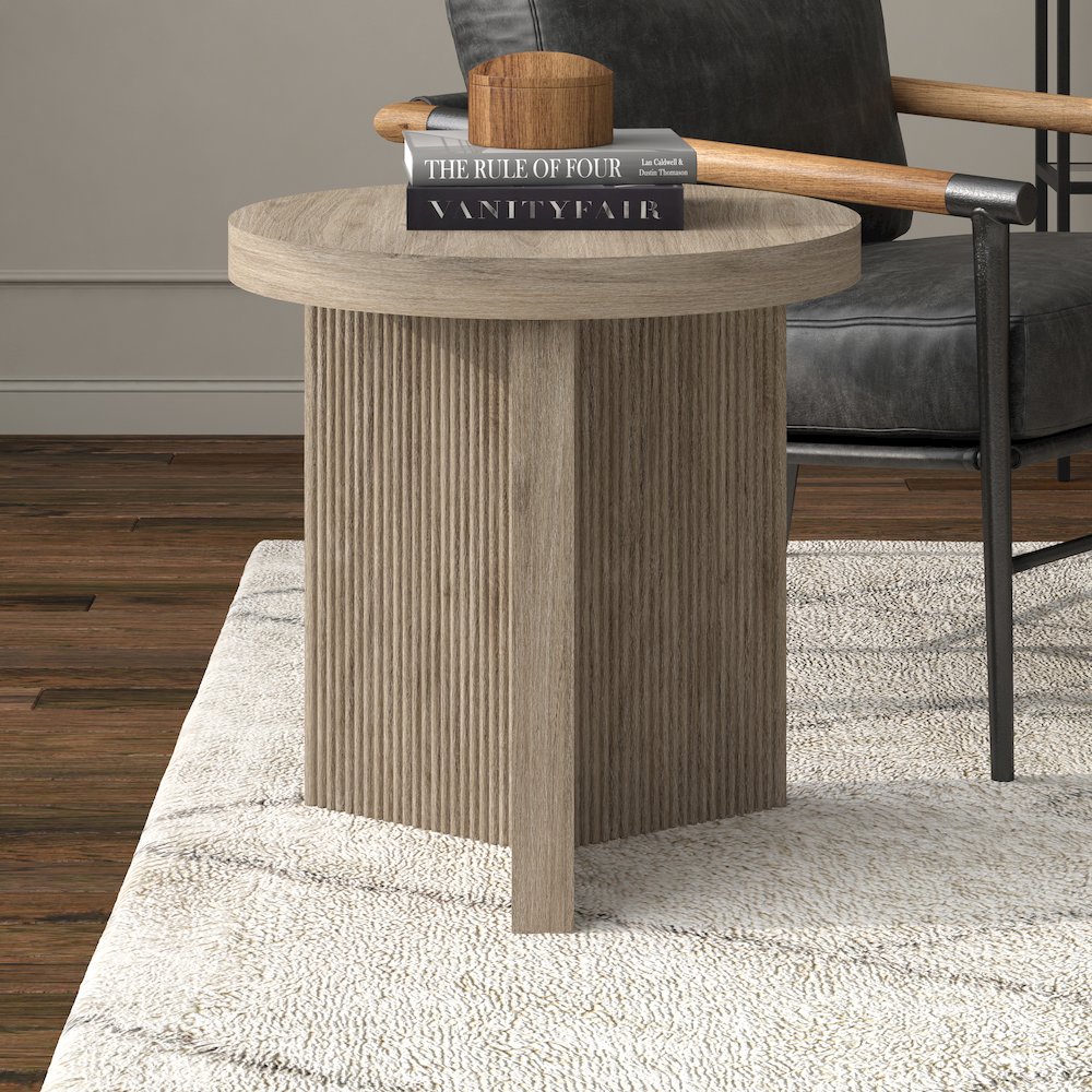 Holm 22" Wide Round Side Table in Antiqued Gray Oak. Picture 3