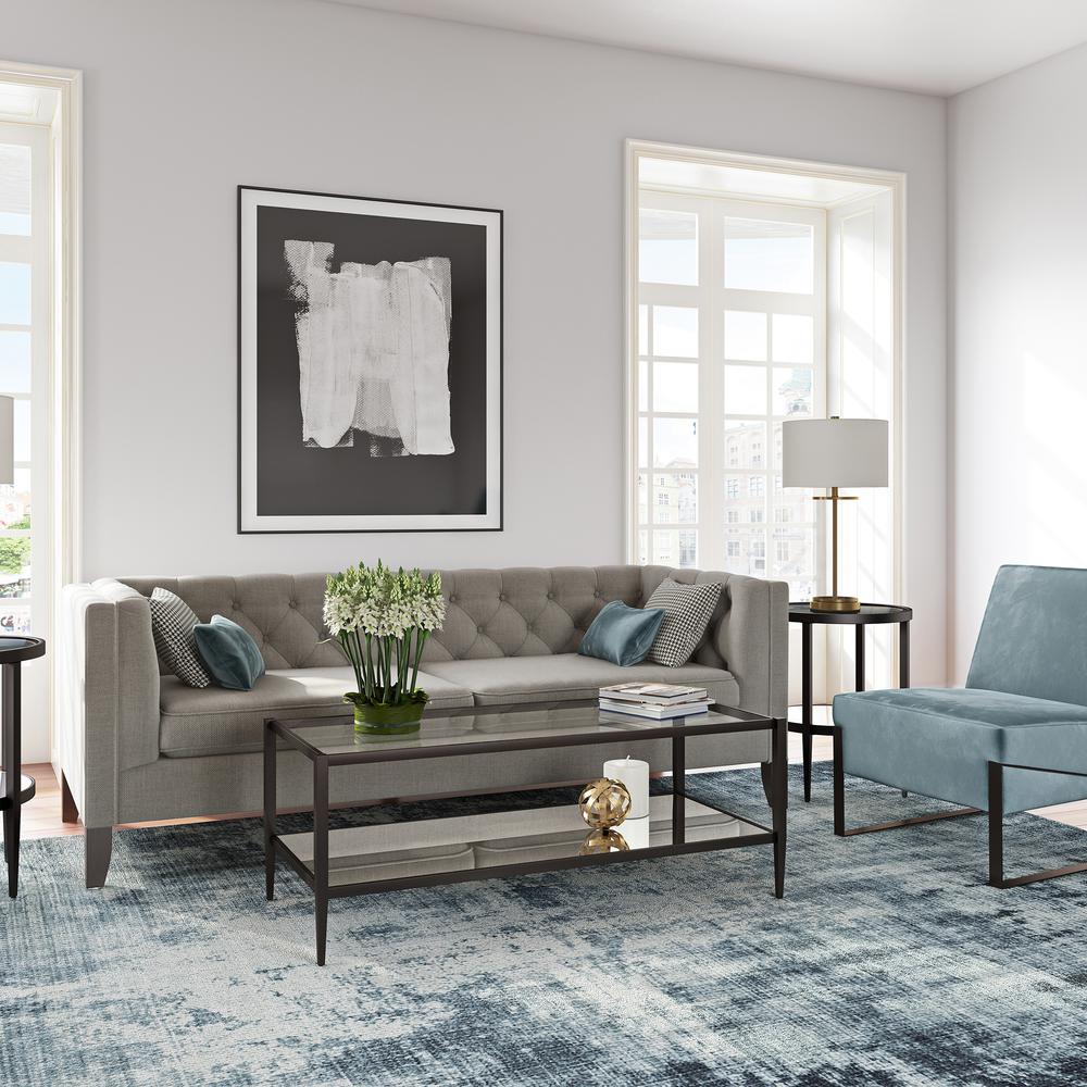 Hera 45 Wide Rectangular Coffee Table with Glass Shelf in Blackened Bronze. Picture 5