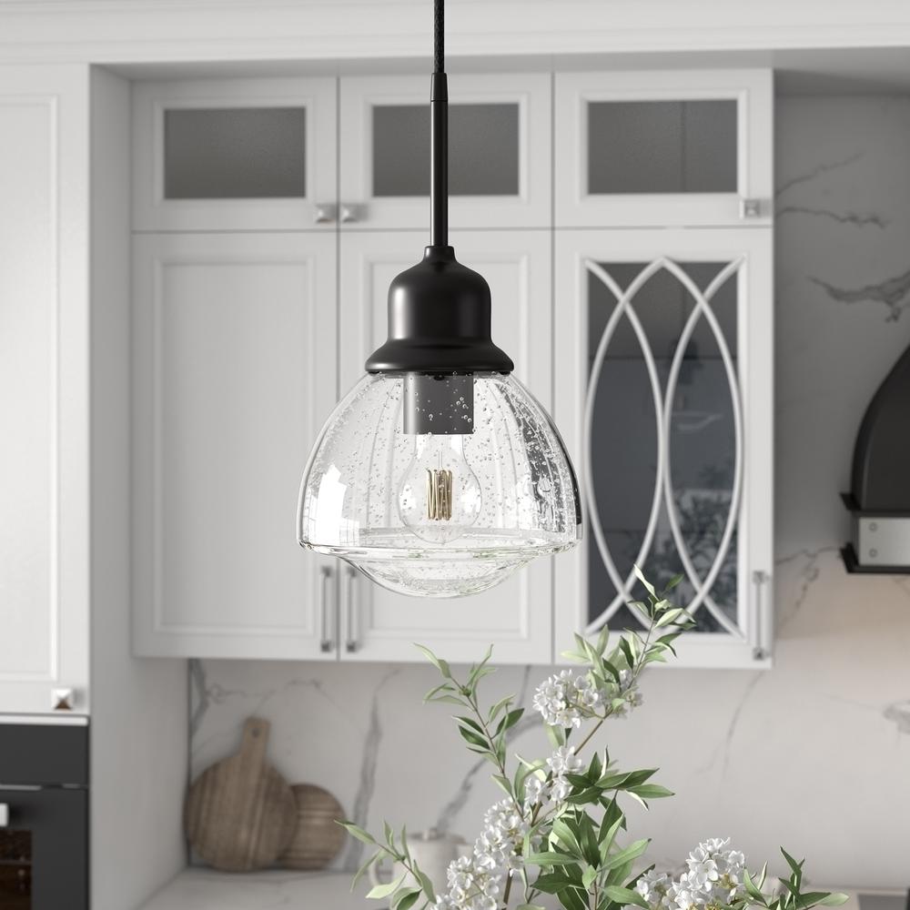 Brooks 8.12" Wide Pendant with Glass Shade in Blackened Bronze /Seeded. Picture 2