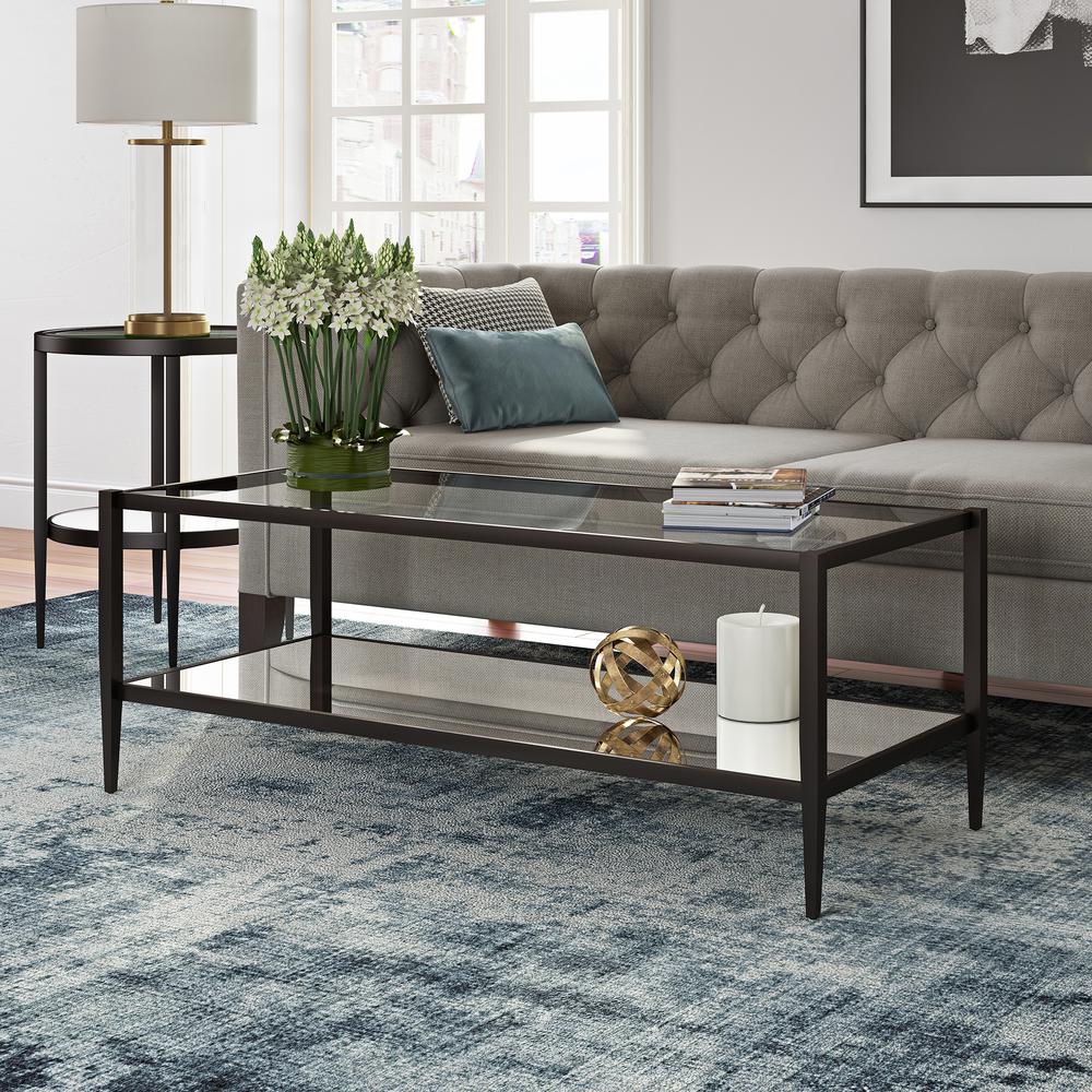 Hera 45 Wide Rectangular Coffee Table with Glass Shelf in Blackened Bronze. Picture 3