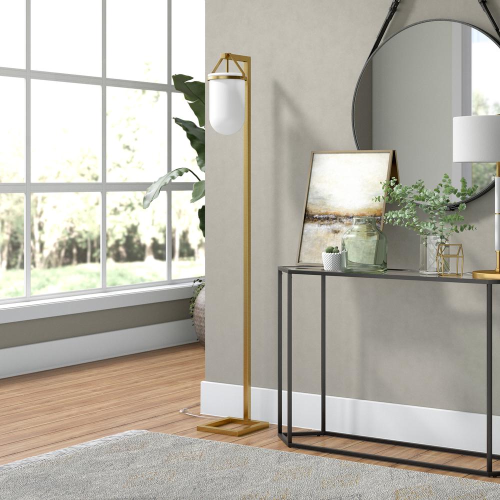 Shiloh 68" Tall Floor Lamp with Glass Shade in Brass/White Milk. Picture 2
