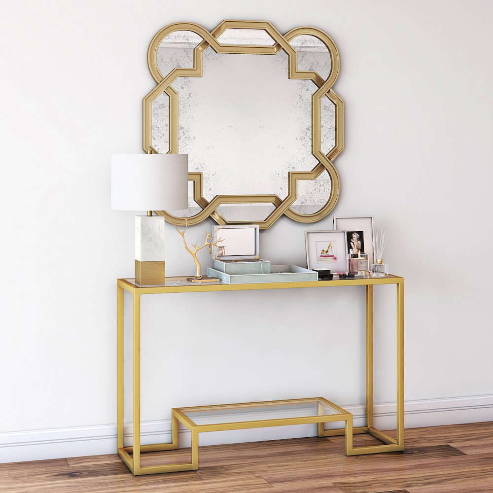 47'' Glass Rectangular Console Table Entryway, Sofa Table with Glass Shelf, Gold. Picture 7