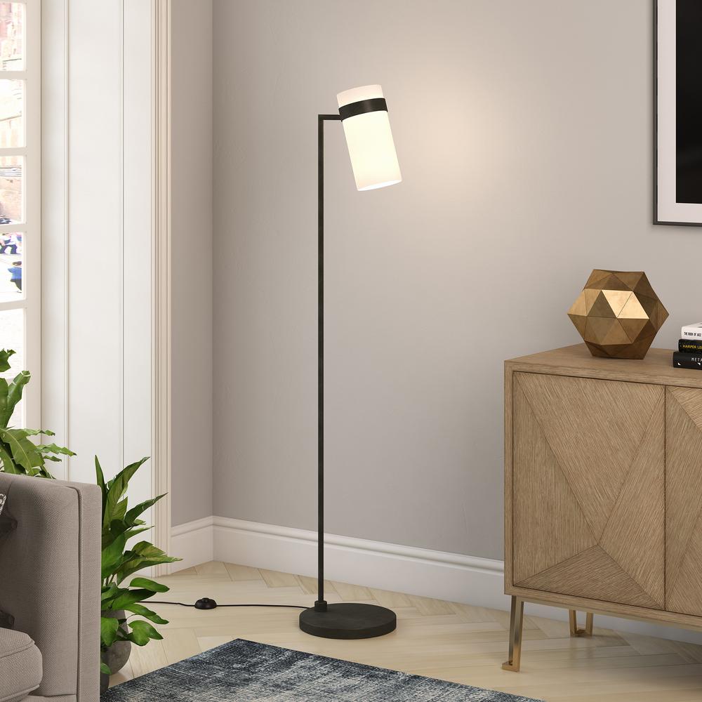 Marsden 60" Tall Floor Lamp with Fabric Shade in Blackened Bronze/White. Picture 3