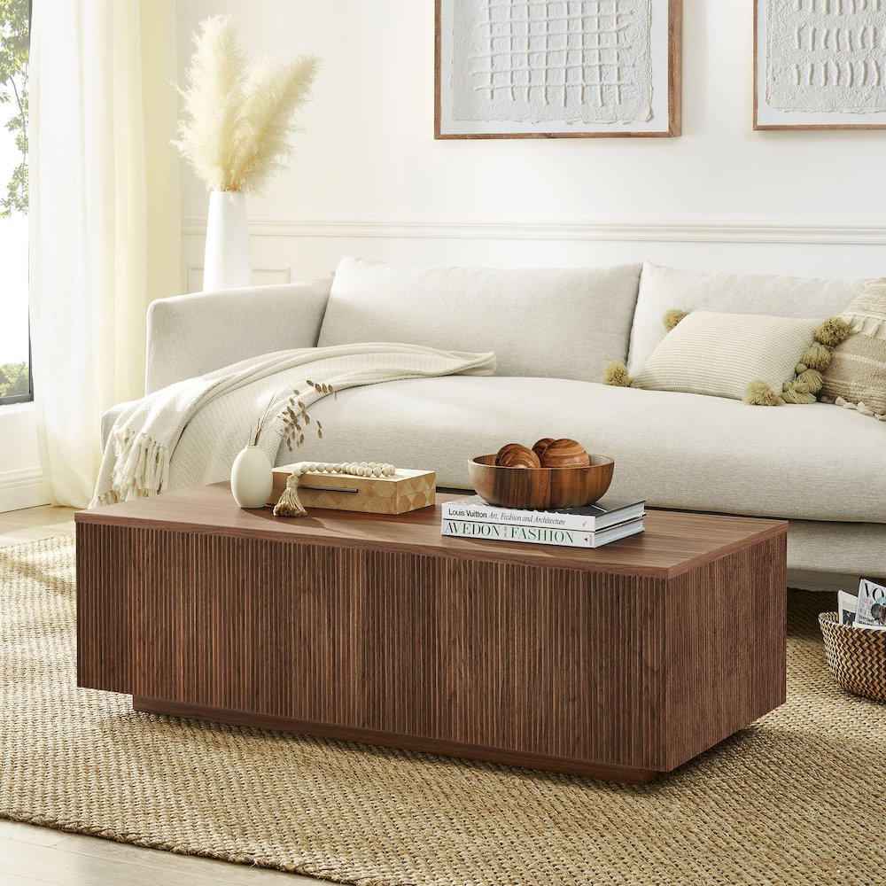 Reyes 48" Wide Rectangular Coffee Table in Satin Walnut. Picture 4