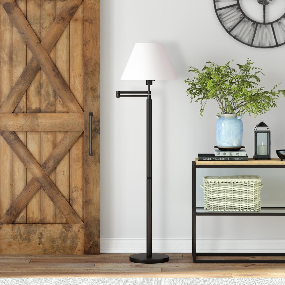 Moby Swing Arm Floor Lamp with Fabric Empire Shade in Blackened Bronze/White. Picture 2