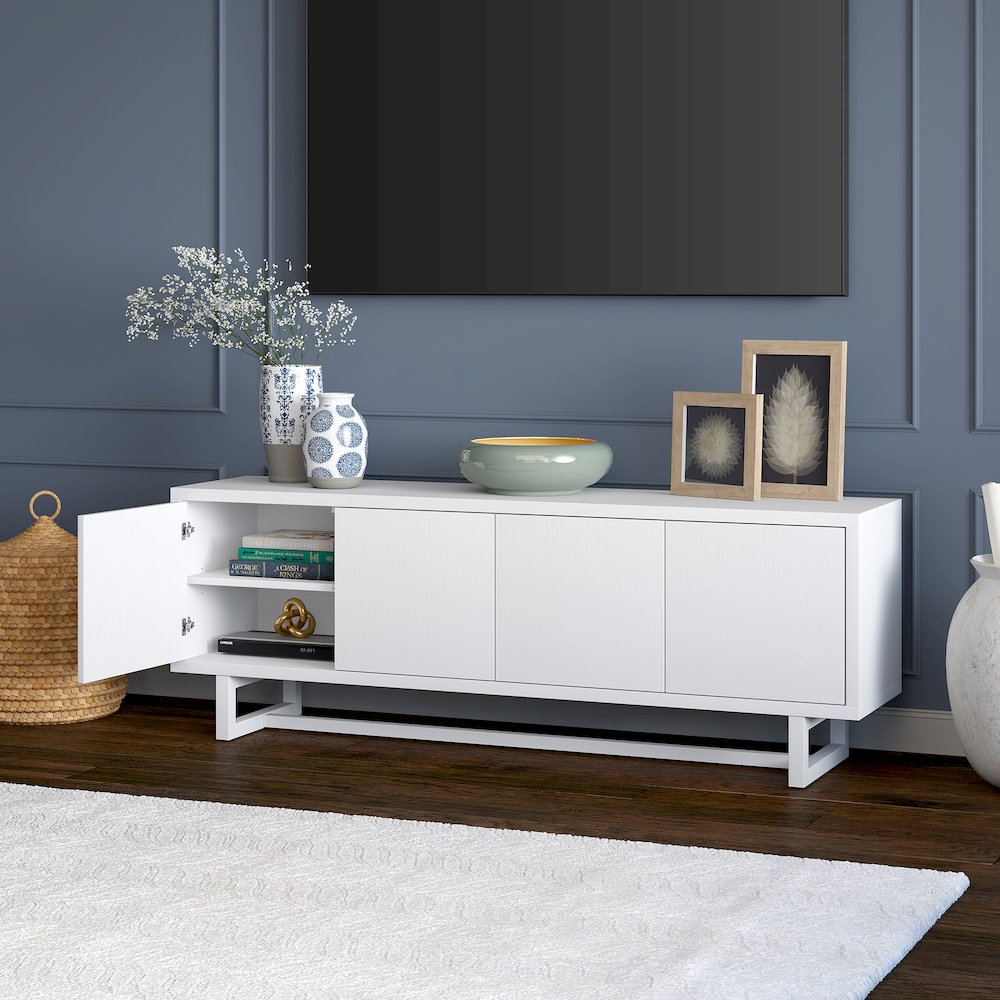 TV Stand for TVs up to 75'',  2 Cabinets, Shelves, Cable Cut-outs, Cloud White. Picture 6