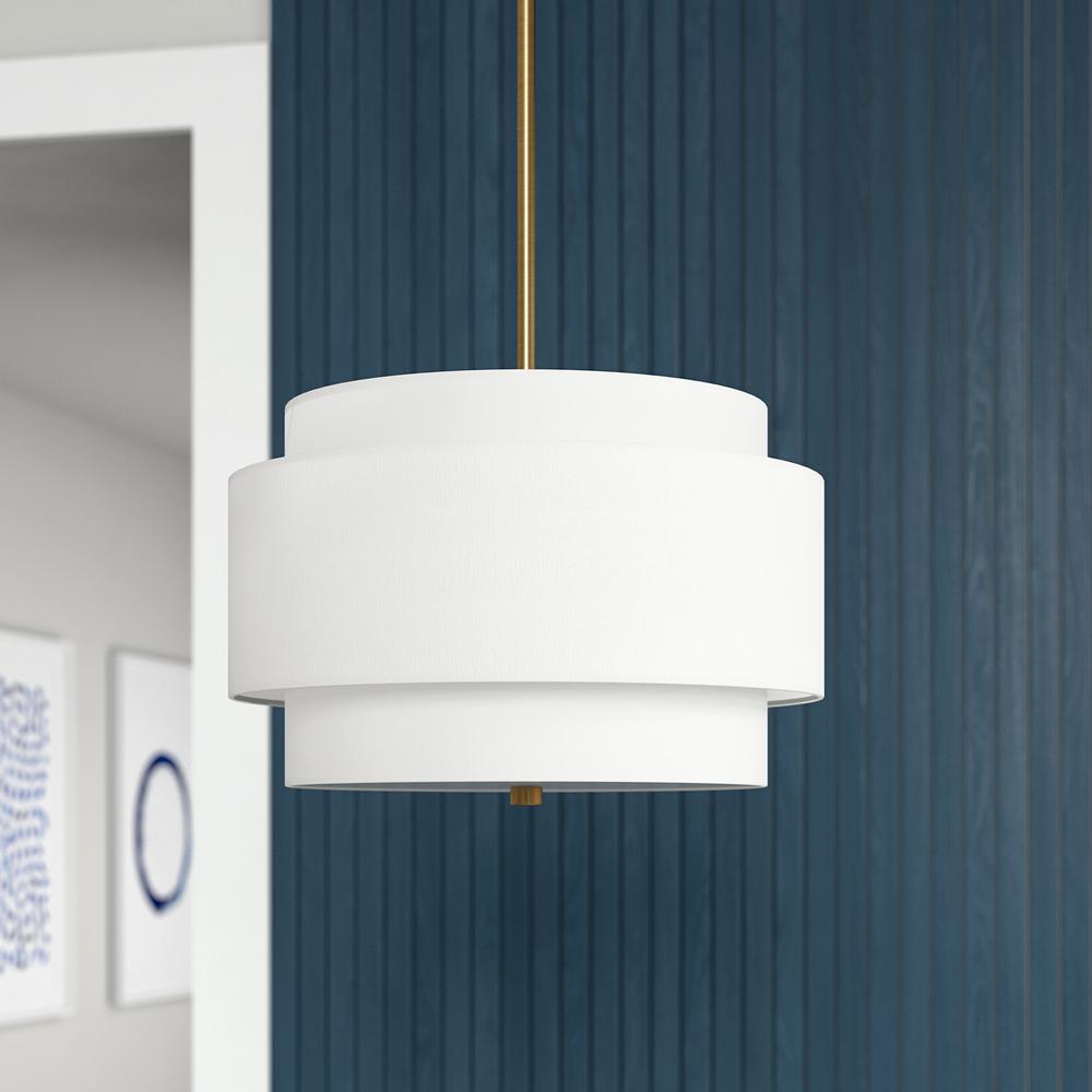 Solomon 16" Wide 2-Light Pendant with Tiered Fabric Shade in Brass/White. Picture 3