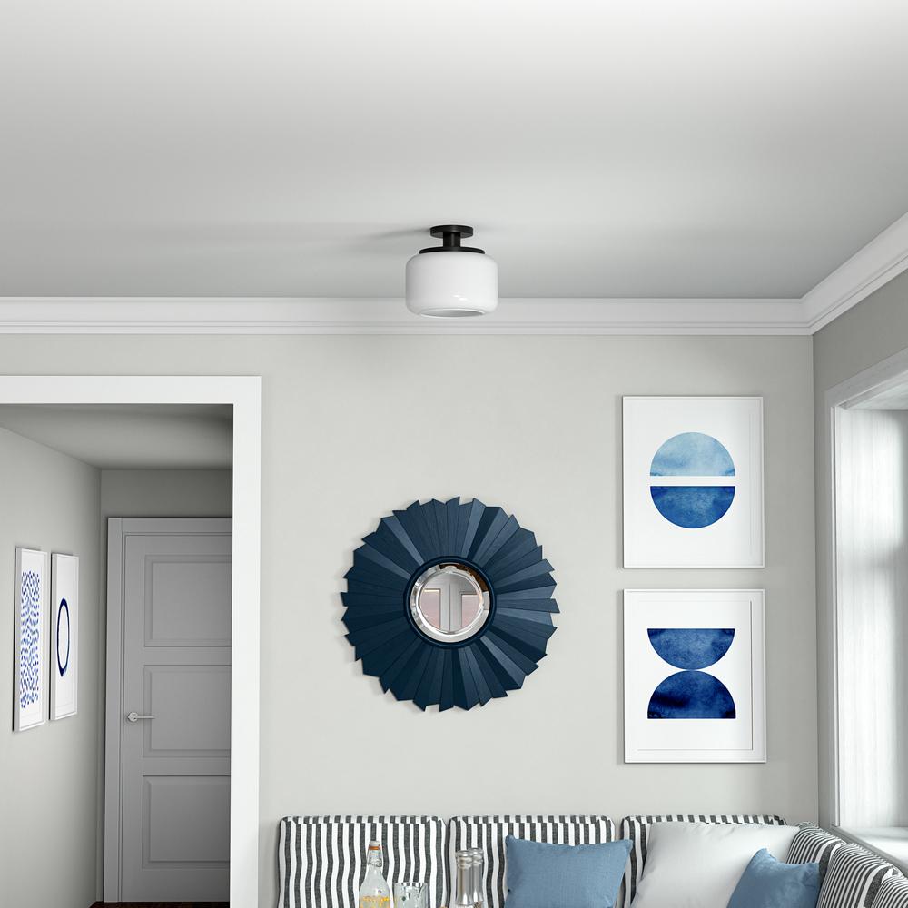 Tatum 11" Wide Semi Flush Mount with Glass Shade in Blackened Bronze/White. Picture 4