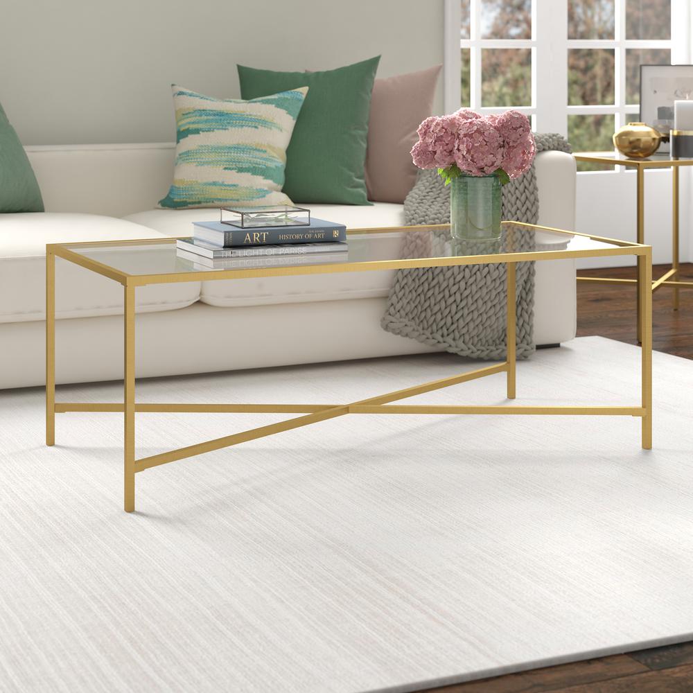 Henley 48'' Wide Rectangular Coffee Table with Glass Top in Brass. Picture 2