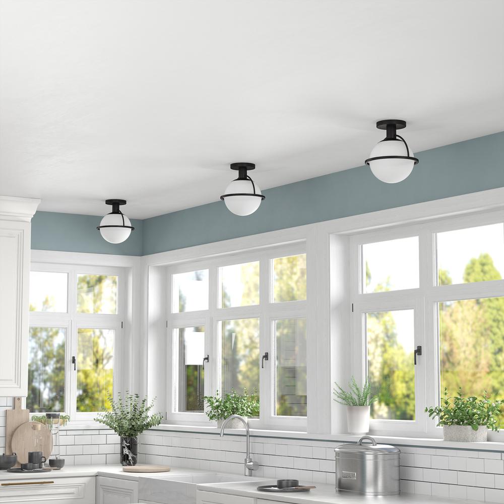Cieonna 9.25" Wide Semi Flush Mount with Glass Shade in Blackened Bronze/White. Picture 4