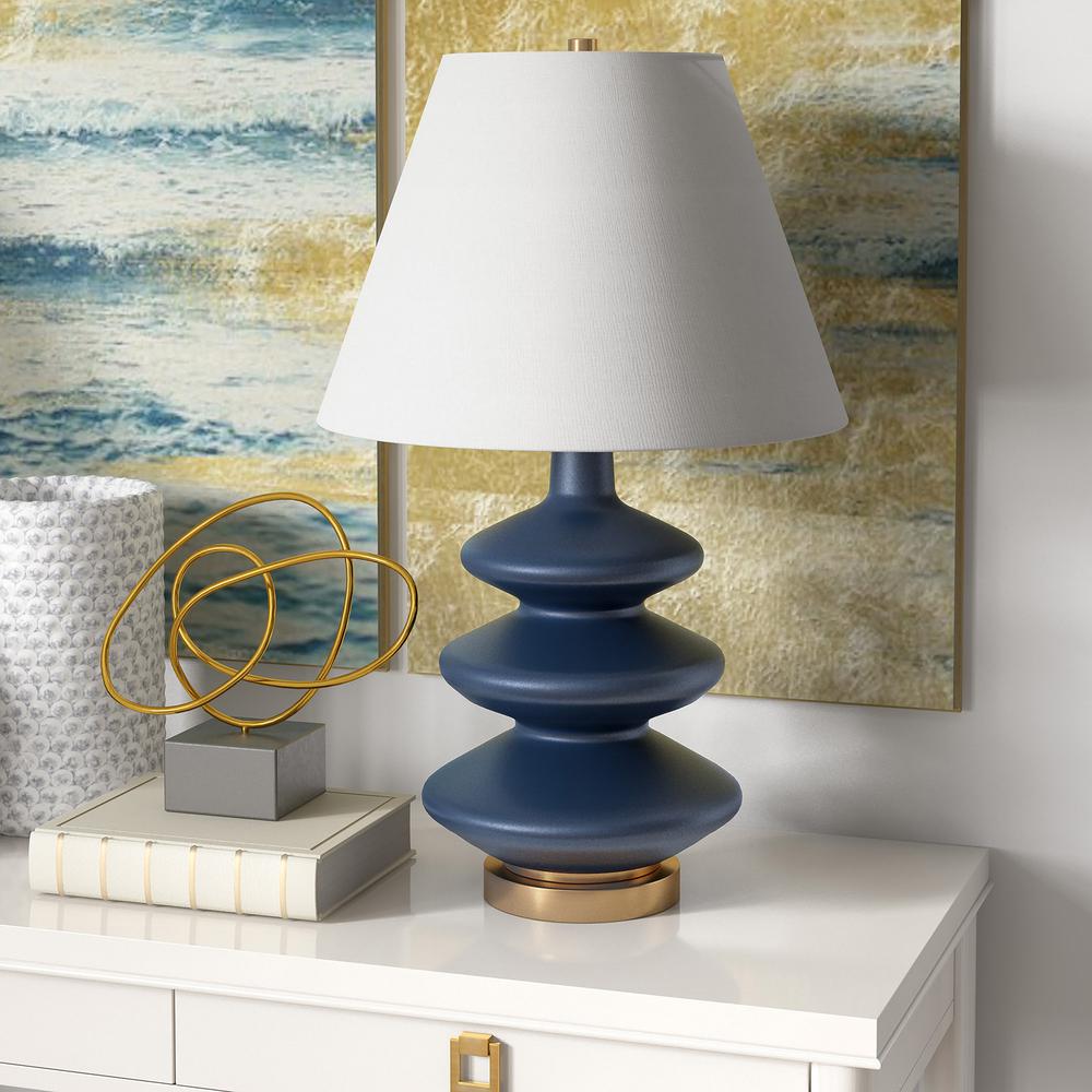 Carleta 26.5" Tall Triple Gourd Table Lamp with Fabric Shade in Blue/White. Picture 2