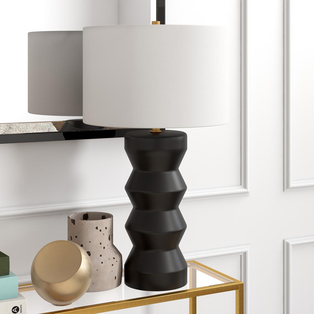 Carlin 28" Tall Ceramic Table Lamp with Fabric Shade in Matte Black/White. Picture 2