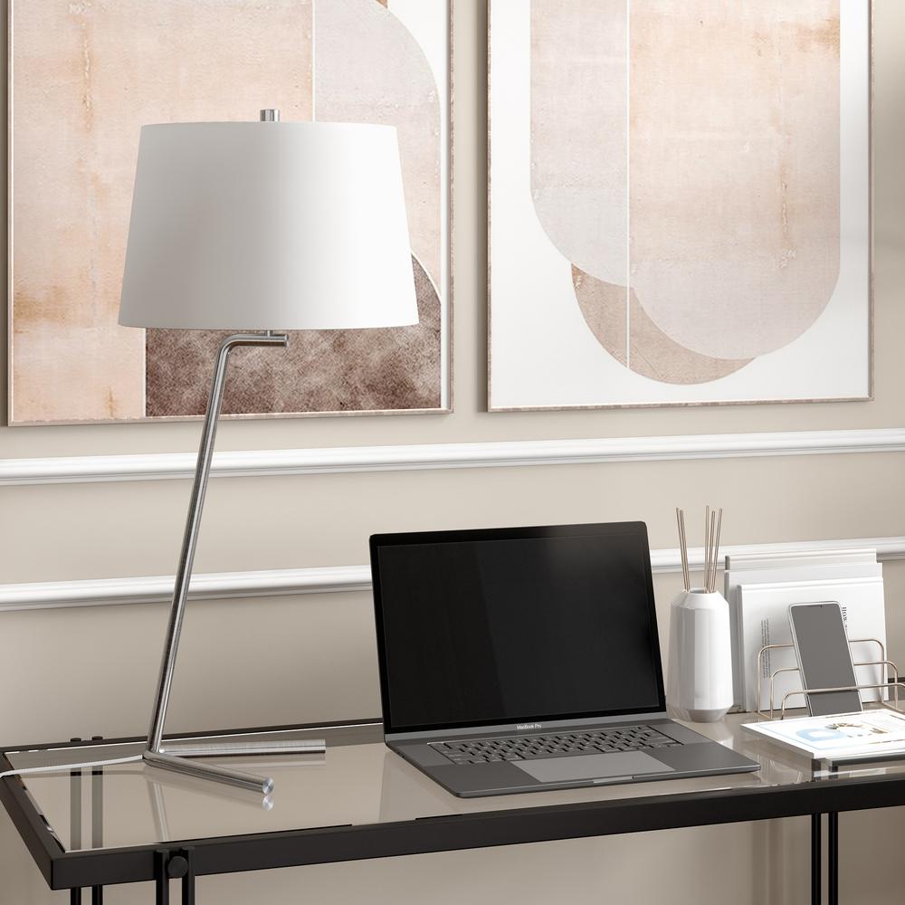 Markos 28.5" Tall Tilted Table Lamp with Fabric Shade in Brushed Nickel/White. Picture 2