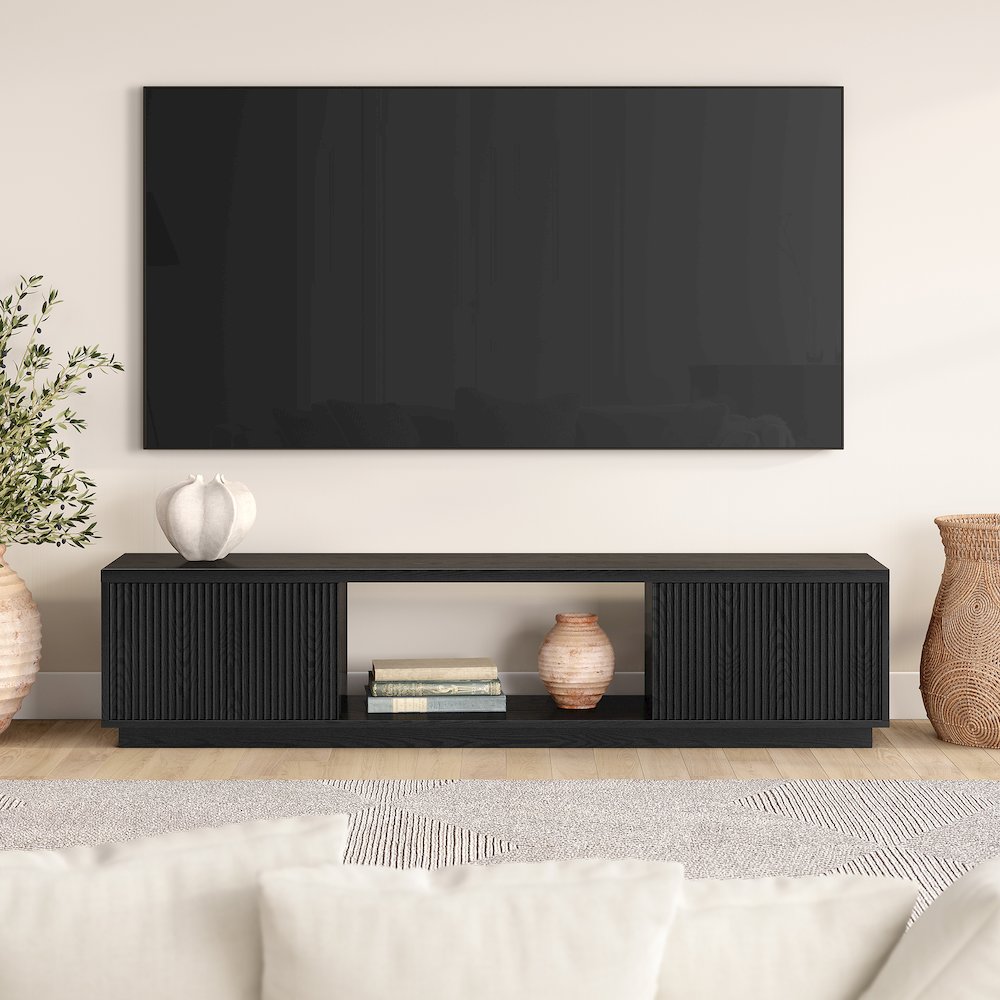 Fluted TV Stand for TVs up to 78", 2 Side Cabinets, Center Storage, Black. Picture 3