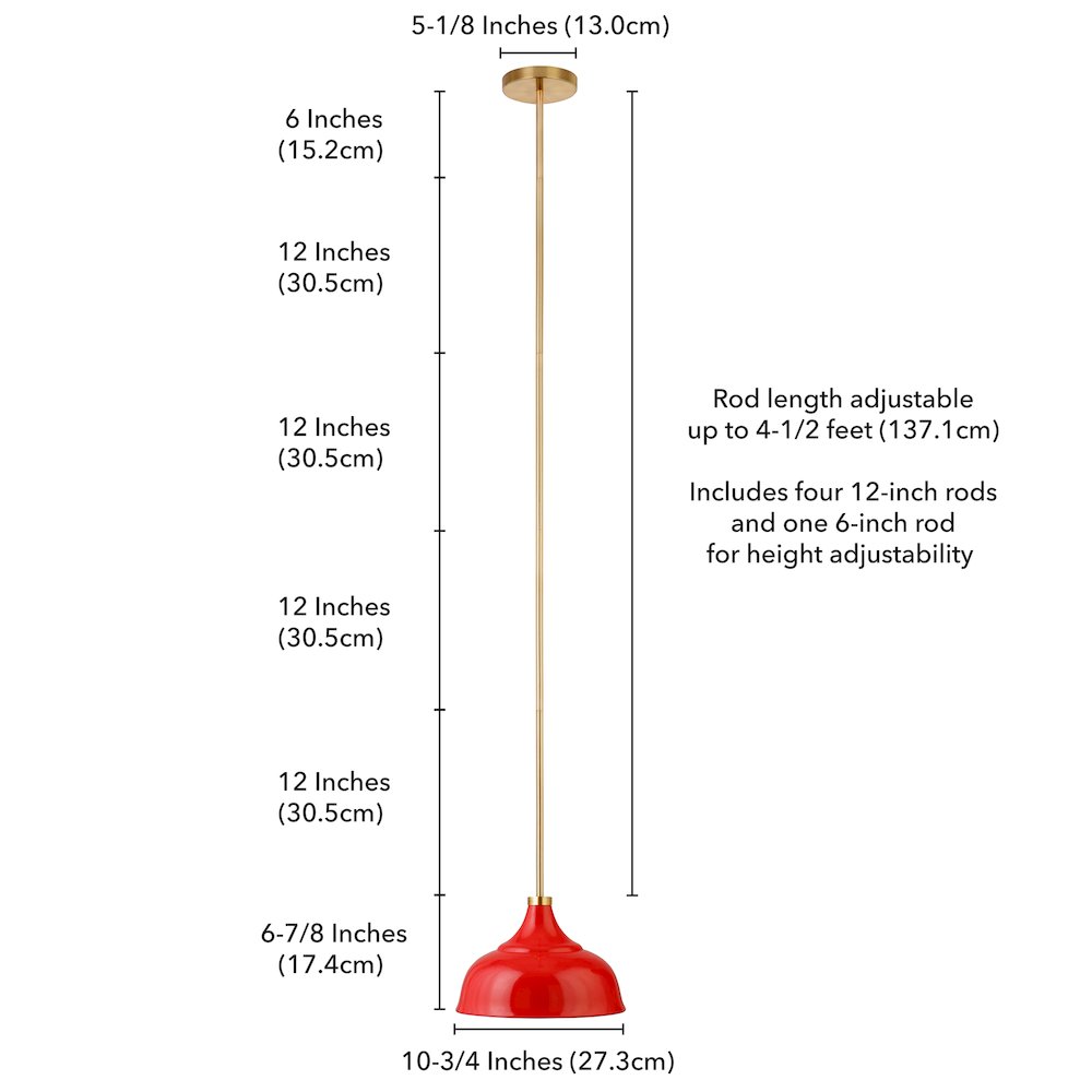10" Dimmable Pendant Light Fixture, Metal Dome Shade and 8' Cord, Coral Red/Gold. Picture 8