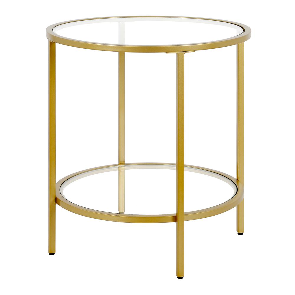 Sivil 20'' Wide Round Side Table with Glass Shelf in Brass. Picture 1