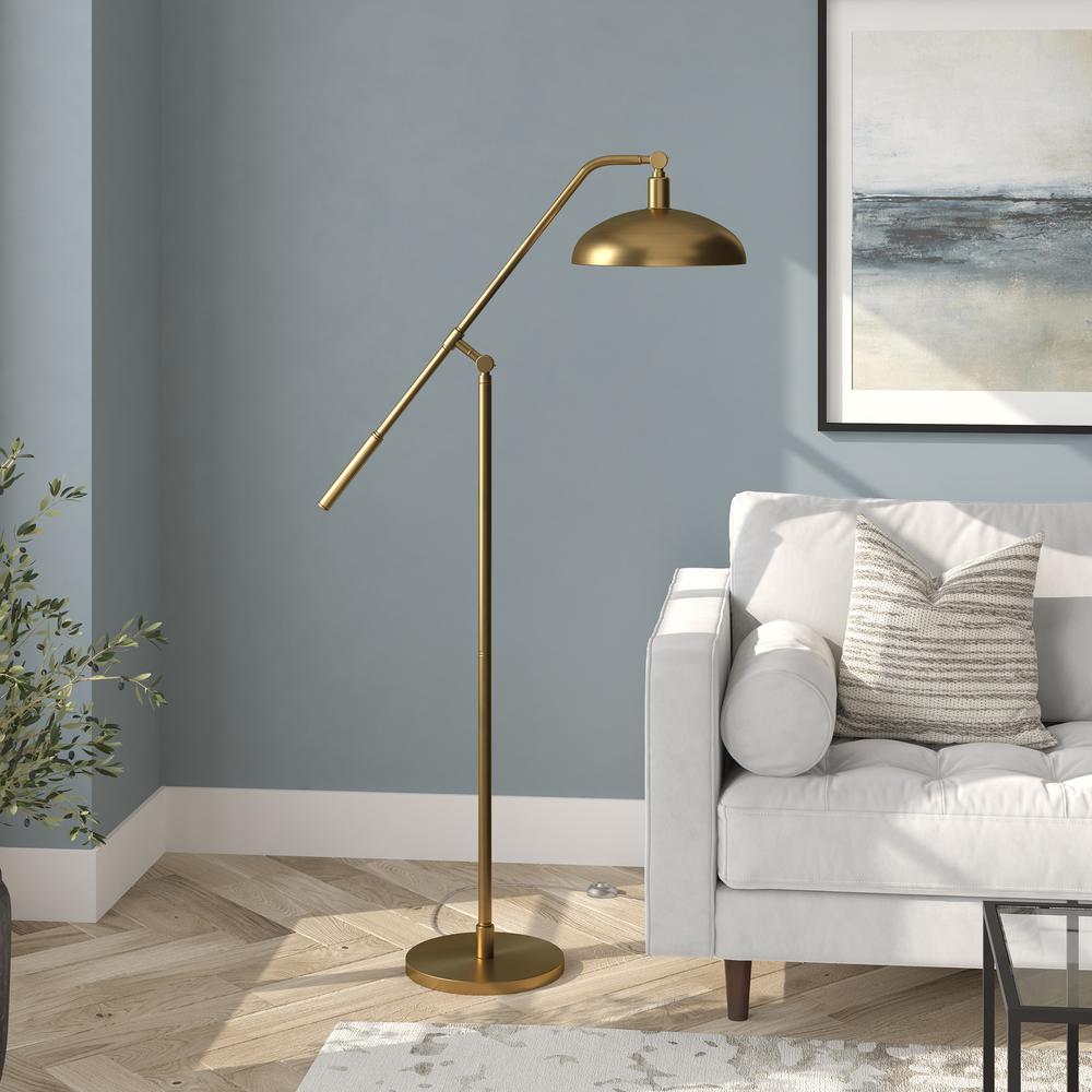 Devon Boom Arm Floor Lamp with Metal Shade in Brass/Brass. Picture 2