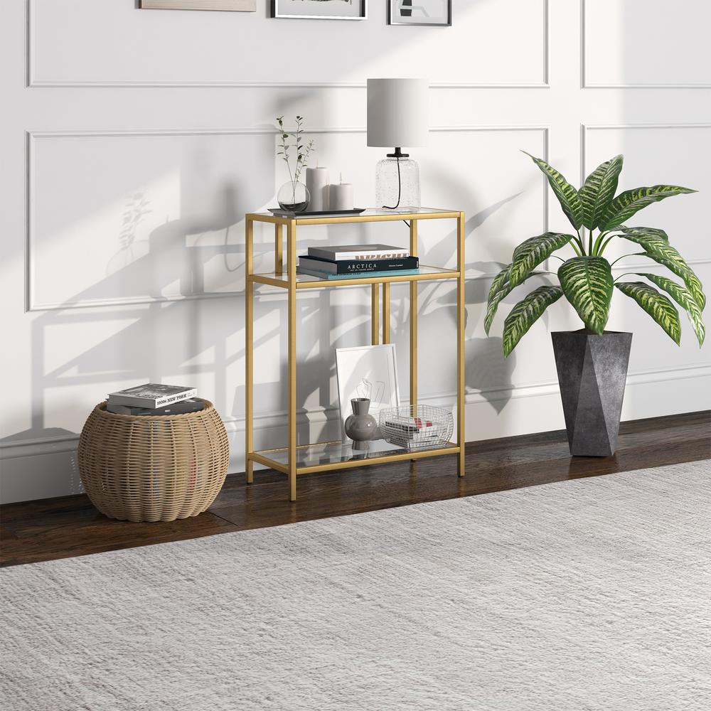 Cortland 22'' Wide Rectangular Console Table with Glass Shelves in Brass. Picture 4