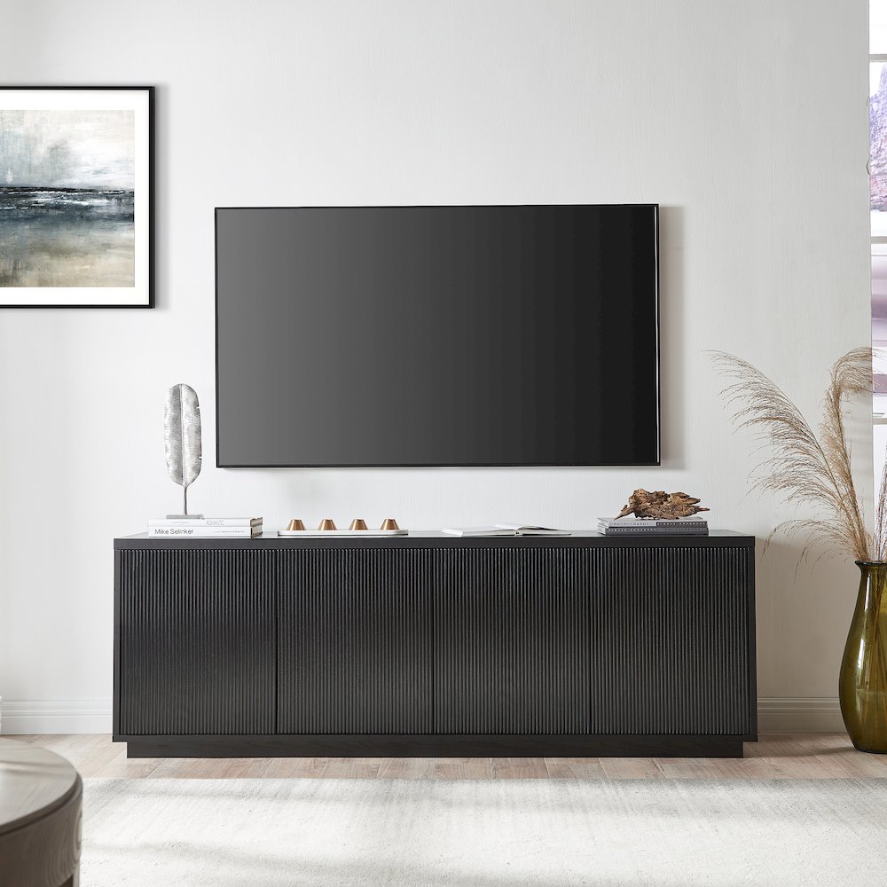 TV Stand for TVs up to 75",  2 Concealed Ribbed Storage Cabinets, Natural Black. Picture 5