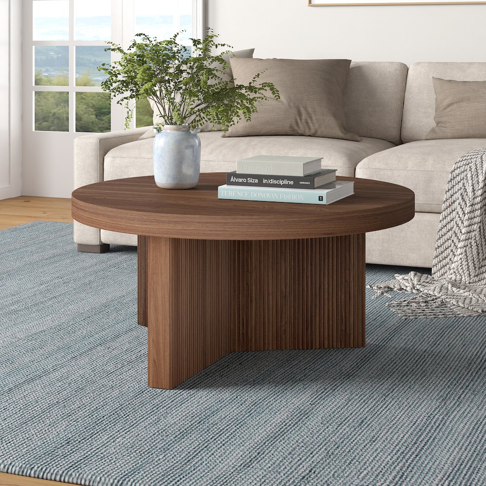 Holm 32" Wide Round Coffee Table in Satin Walnut. Picture 3