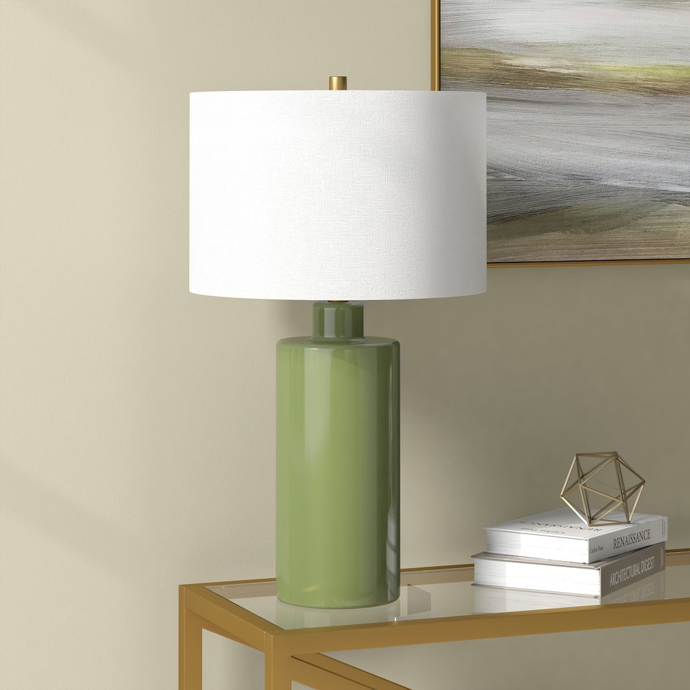 Selina 25" Tall Ceramic Table Lamp with Fabric Shade in Tarragon Green/White. Picture 4