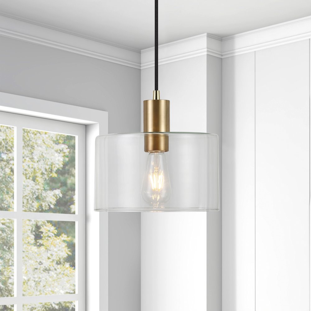 10" Pendant Light Fixture with Clear Glass Shade and 8' Adjustable Cord, Gold. Picture 7